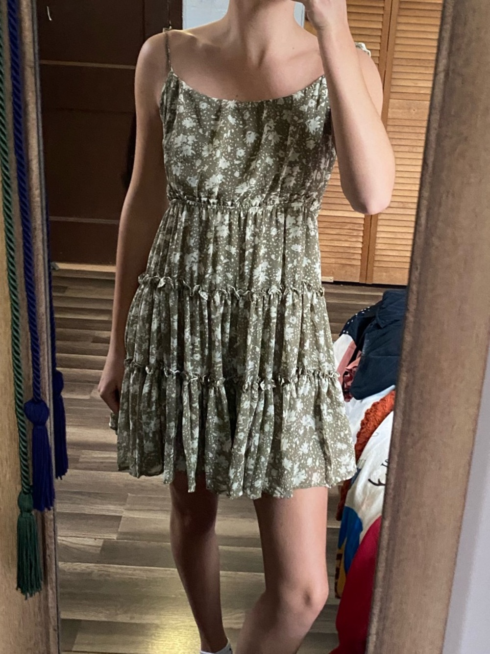 Blu Pepper Olive Green Floral Tiered Mini Dress